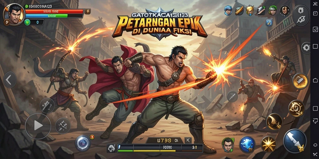 Screenshot GATOTKACA123 menampilkan karakter sedang bertarung dalam arena pertarungan yang dinamis.